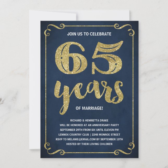 Invitation Typographie de l'or | Faux Foil 65e anniversaire (Devant)