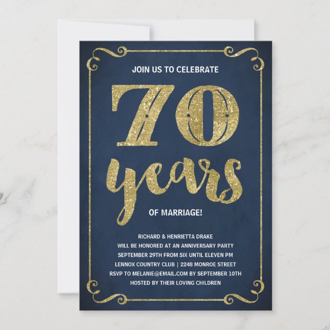 Invitation Typographie de l'or | Faux Foil 70e anniversaire (Devant)