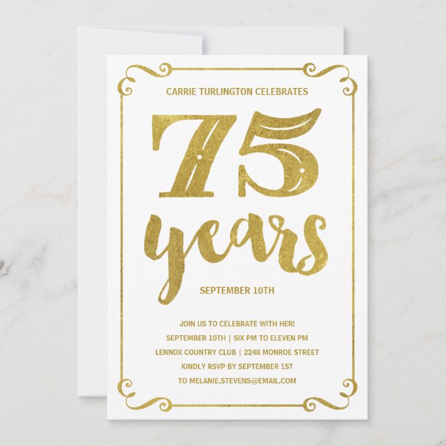 Invitation Typographie de l'or | Faux Foil 75e fête d'anniver (Devant)