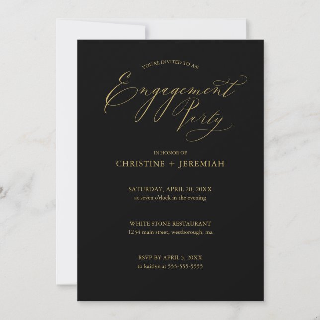 Invitation Typographie de l'or noir de la partie d'engagement (Devant)