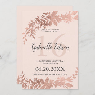 Invitation Typographie de l'or Rose Floral rose pâle Sweet 16