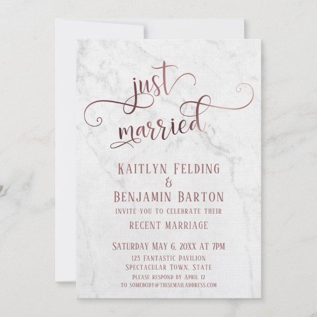 Invitation Typographie de l'or rose "juste marié" avec/ Marbr (Devant)