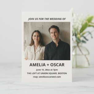 Invitation Typographie de mariage moderne photo ivoire noir g