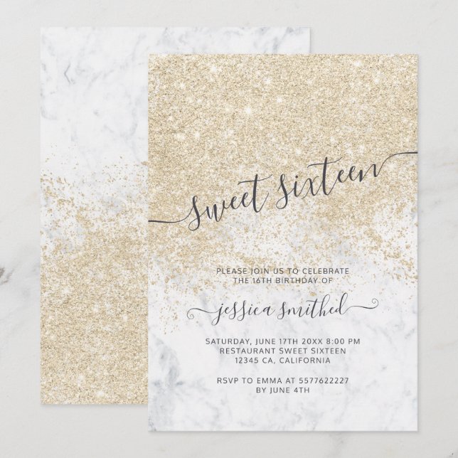 Invitation typographie de parties scintillant en or clair mar (Devant / Derrière)