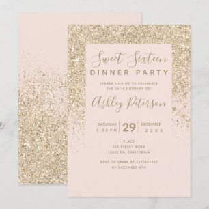 Invitation typographie de parties scintillant en or clair ros