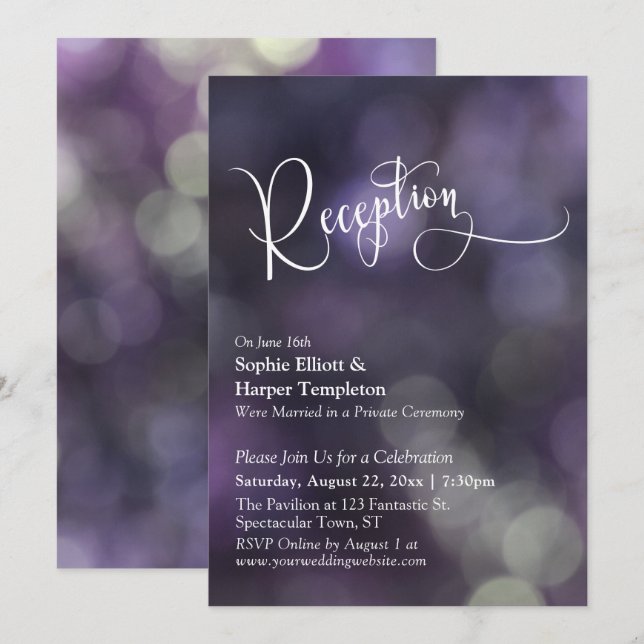 Invitation Typographie de réception de mariage clair de Bokeh (Devant / Derrière)