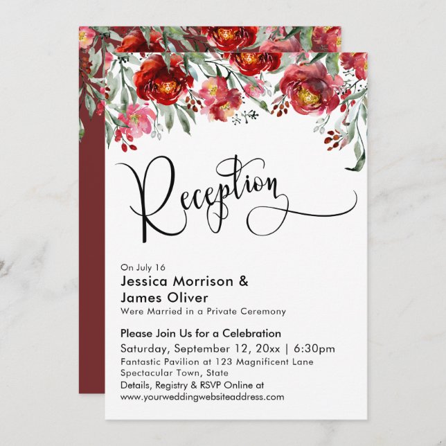 Invitation Typographie de réception de mariage Fleurs rouges  (Devant / Derrière)