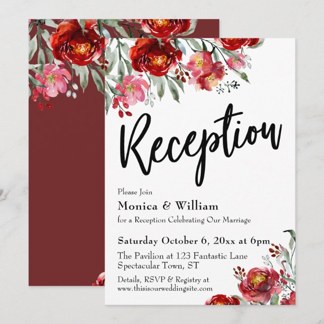 Invitation Typographie de réception de mariage florale rouge  (Devant / Derrière)