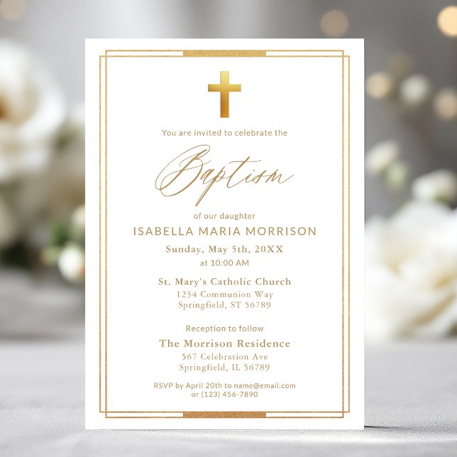 Invitation Typographie de script Gold Cross Chic Élégant Bapt (Créateur téléchargé)
