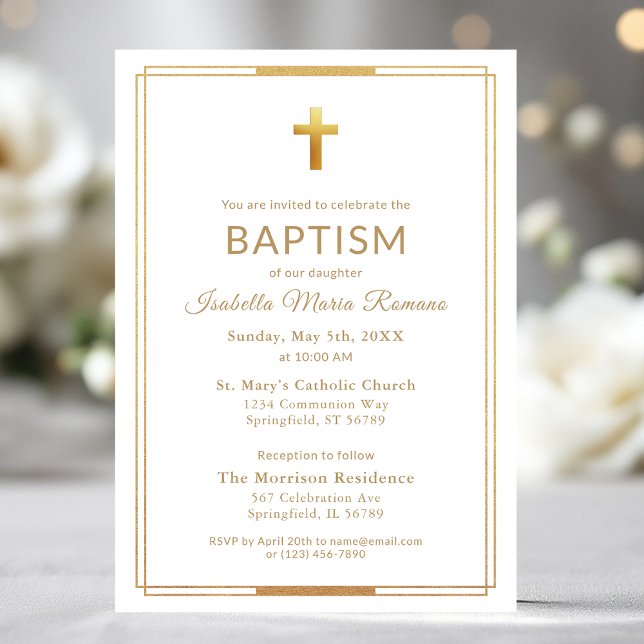 Invitation Typographie de script Gold Cross Chic Élégant Bapt (Créateur téléchargé)
