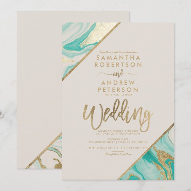Invitation Typographie des bandes d'or mariage en marbre turq (Devant / Derrière)