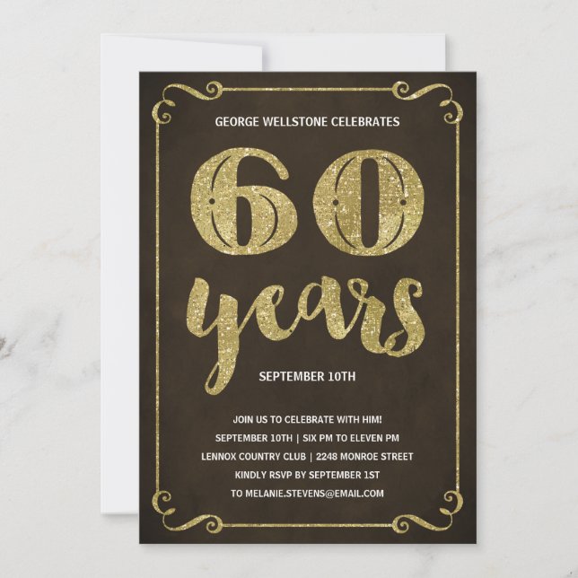 Invitation Typographie d'or 60e fête d'anniversaire (Devant)