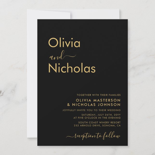 Invitation Typographie d'or noir moderne Mariage de monogramm (Devant)