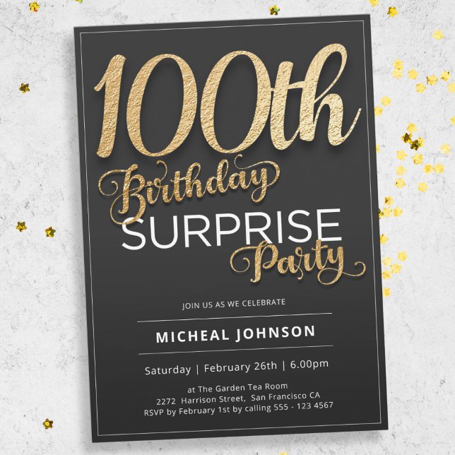 Invitation Typographie d'or Personnalisé Surprise 100e annive (Mockup View)
