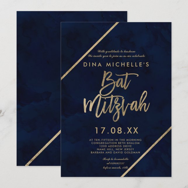 Invitation Typographie dorée Bat Mitzvah aquarelle bleu marin (Devant / Derrière)