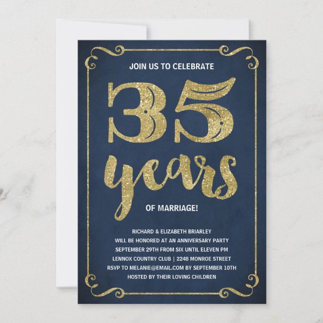 Invitation Typographie dorée | Faux Feuille 35e Anniversaire (Devant)