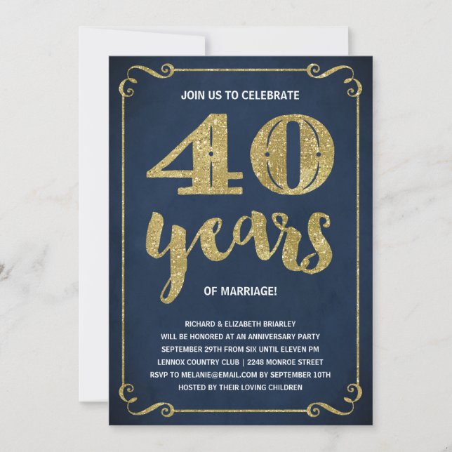 Invitation Typographie dorée | Faux Feuille 40e Anniversaire (Devant)