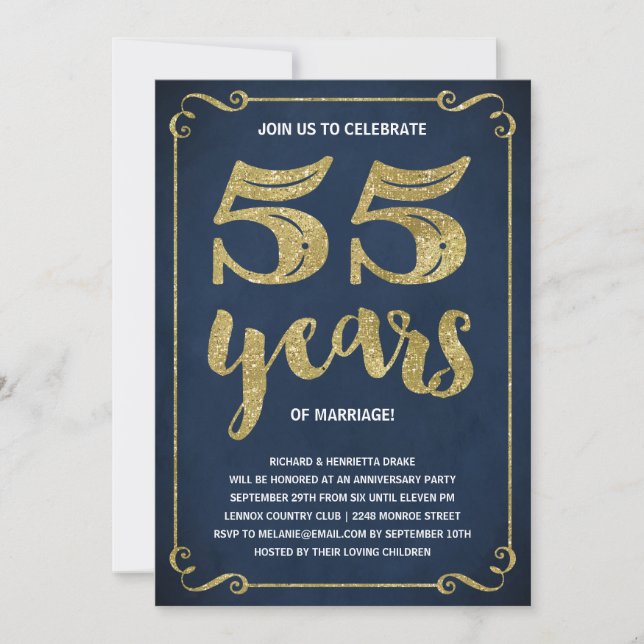 Invitation Typographie dorée | Faux Feuille 55e Anniversaire  (Devant)