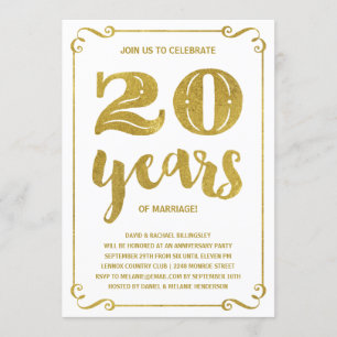 Invitation Typographie dorée Faux feuille d'or 20e annivers