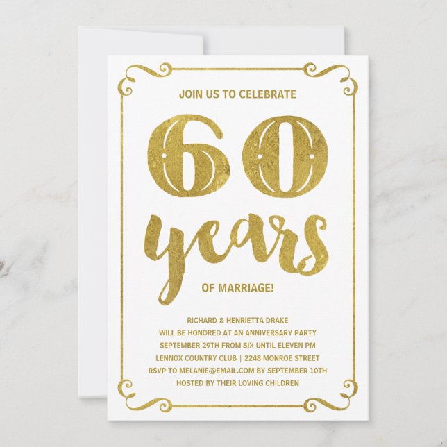 Invitation Typographie dorée | Faux papier d'aluminium 60e an (Devant)