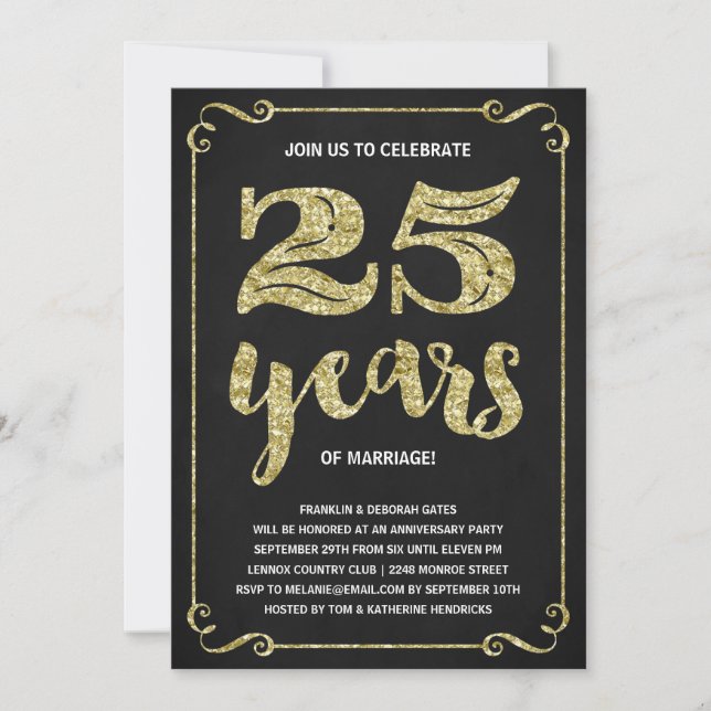 Invitation Typographie dorée | Faux papier métallisé 25e anni (Devant)