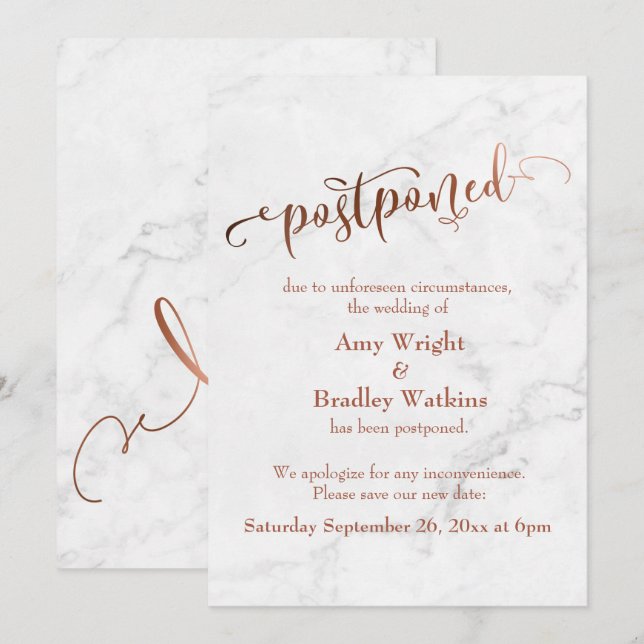 Invitation Typographie du cuivre de marbre Mariage reporté (Devant / Derrière)