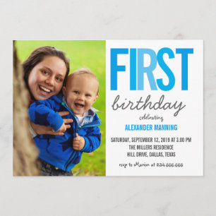 Invitation Typographie du premier anniversaire bleu photo Poi