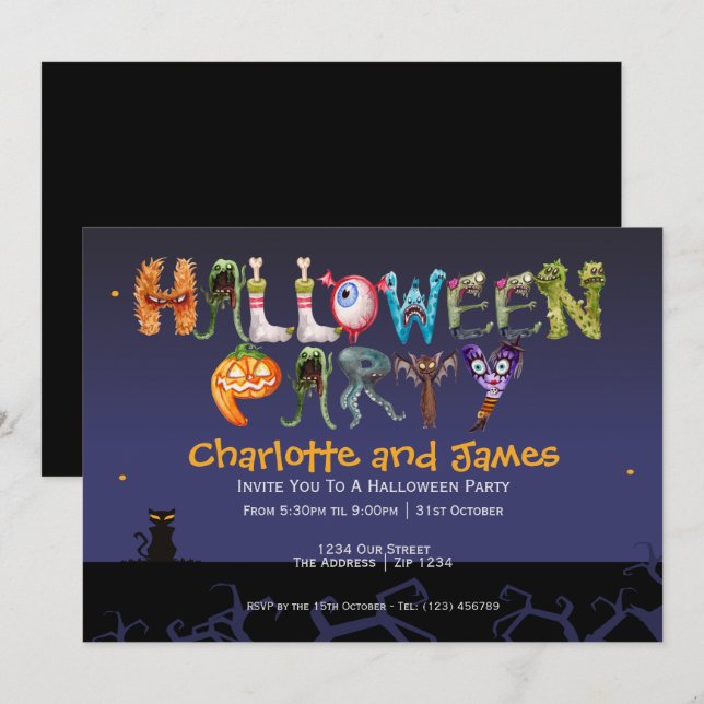 Invitation Typographie Éffrayante de la fête d'Halloween Pers (Devant / Derrière)