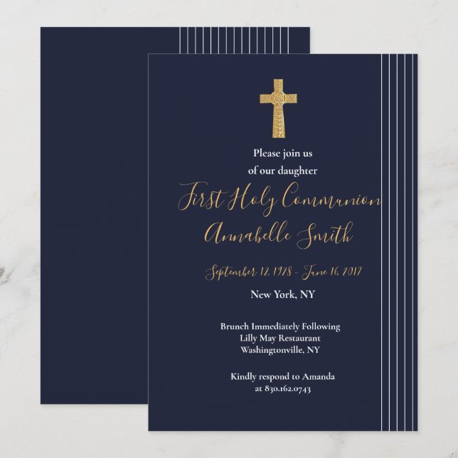 Invitation Typographie élégante en bleu marine d'or Première  (Devant / Derrière)