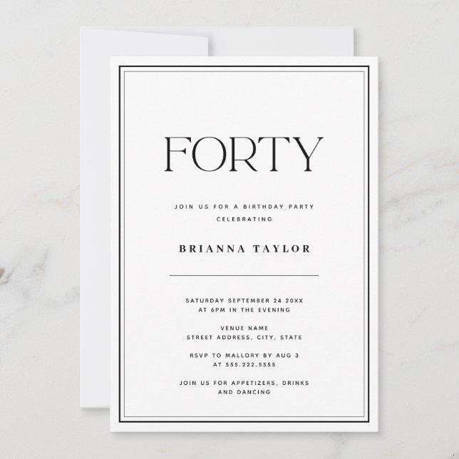 Invitation Typographie élégante Noir & Blanc 40e anniversaire (Devant)