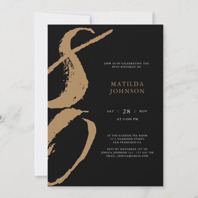 Invitation Typographie élégante noire et or 80e anniversaire (Devant)