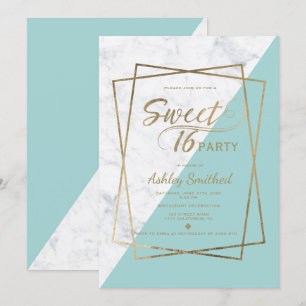 Invitation Typographie en faux or marbre turquoise Sweet 16