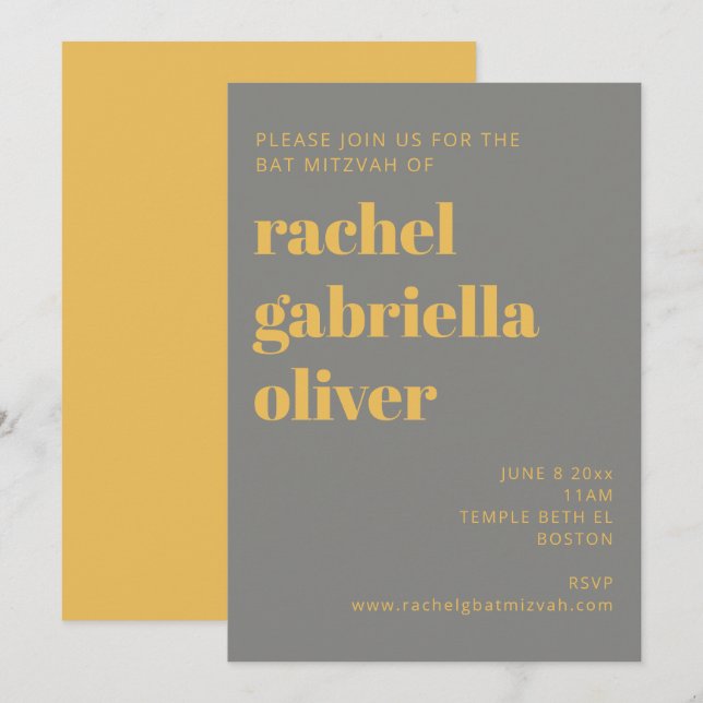 Invitation Typographie en gras Bat mitzvah jaune et gris (Devant / Derrière)