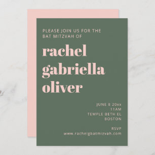 Invitation Typographie en gras Bat mitzvah vert rose