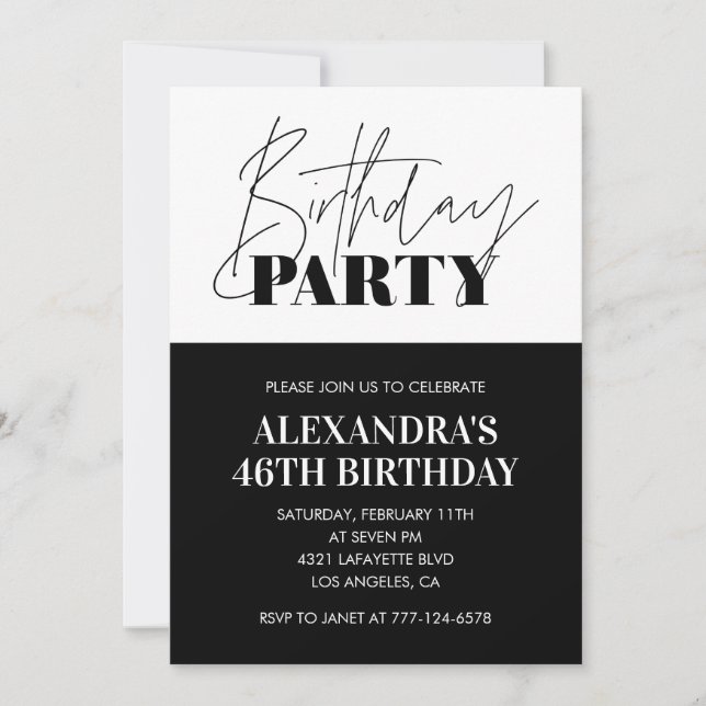 Invitation Typographie en gras noir et blanc 46e anniversaire (Devant)