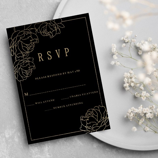 Invitation Typographie en or noir peony luxe floral RSVP (Black gold typography peony luxury floral RSVP)