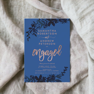 Invitation Typographie en or rose Floral bleu fiançailles