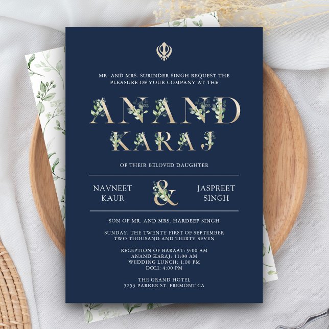 Invitation Typographie feuille Blue Anand Karaj Sikh Mariage (Créateur téléchargé)