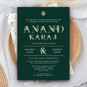 Invitation Typographie feuille Green Anand Karaj Sikh Mariage