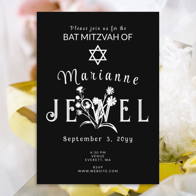 Invitation Typographie florale Bat mitzvah noir unique (stylish black and white bat mitzvah invitations with unique floral lettering)