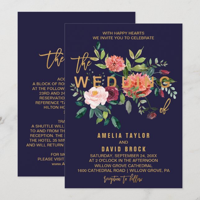Invitation Typographie florale de l'automne | Détails sur le  (Devant / Derrière)