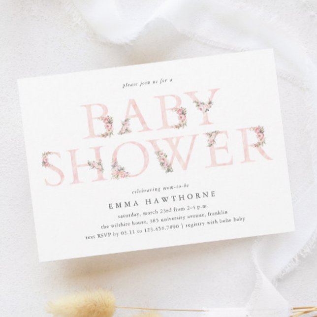 Invitation Typographie florale simple Baby shower rose (Elegant Floral Typography Baby Pink Shower Invitation.)