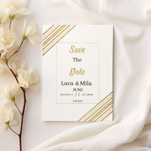 Invitation Typographie géométrique blanche et or Save the Dat