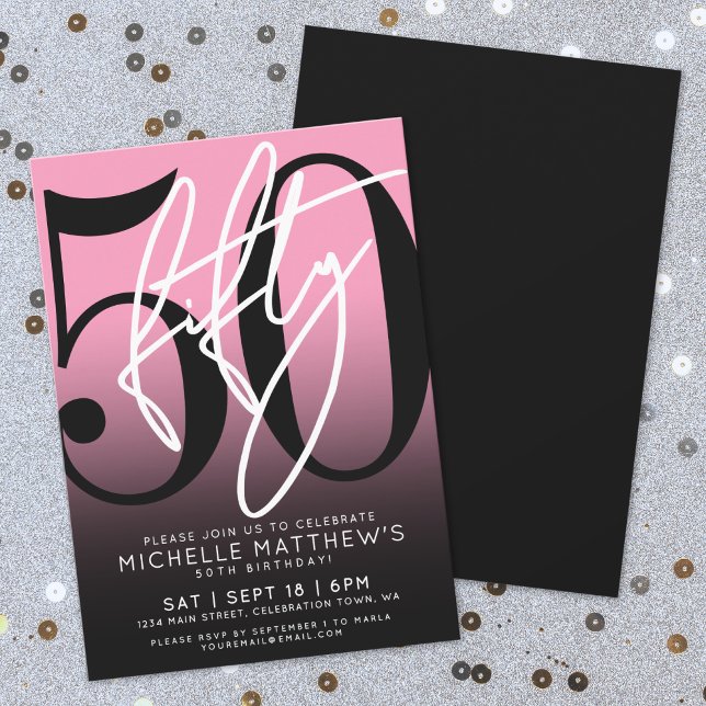 Invitation Typographie Gras Rose Moderne 50e Anniversaire (Bold Typography Pink Modern 50th Birthday Invitation)