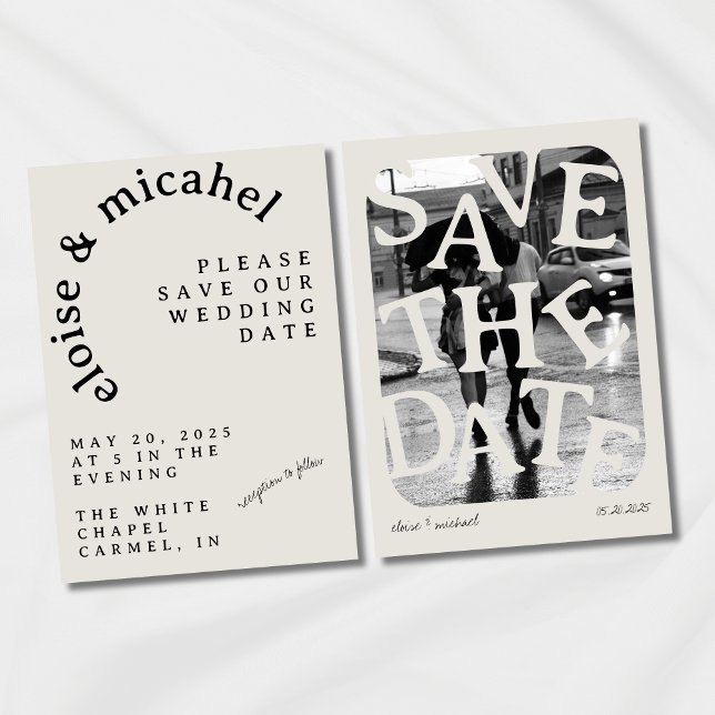 Invitation Typographie gravée moderne Mariage Enregistrer la  (Modern Save the Date Card featuring bold arched typography and a clean, minimalist layout.)