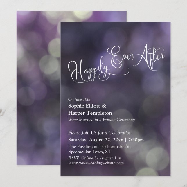 Invitation Typographie "Happily Ever After" avec Bokeh Violet (Devant / Derrière)