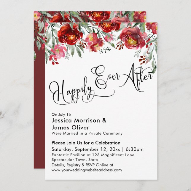 Invitation Typographie Happily Ever After Fleurs Rouge Bourgo (Devant / Derrière)