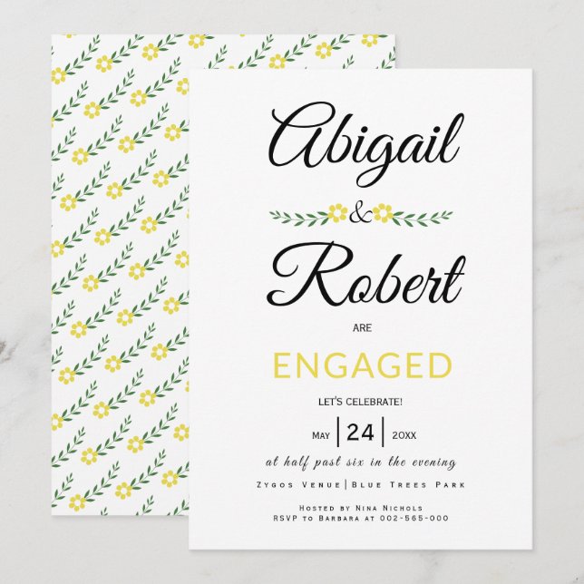 Invitation Typographie manuscrite fleurs jaunes fiançailles (Devant / Derrière)