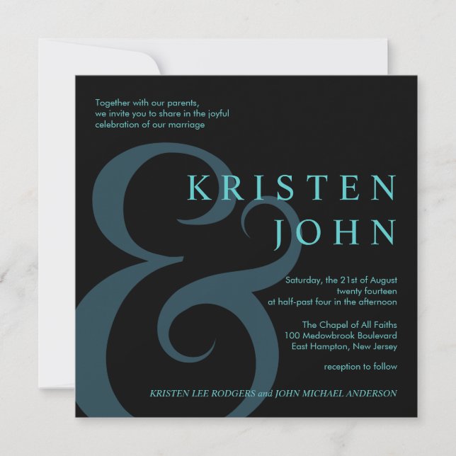 Invitation Typographie Mariage moderne Turquoise Bleu noir (Devant)