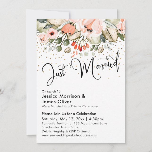 Invitation Typographie Mariée Blush Floral Gold Confetti (Devant)